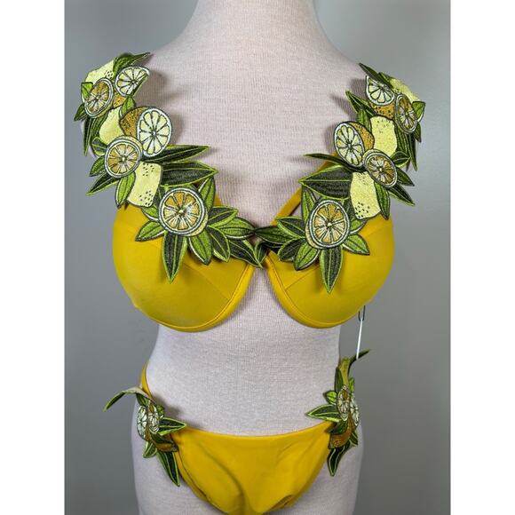 Andrea lyamah Mona Lemon Floral Embroidered Yellow Bikini Swim Set Size XL - Picture 7 of 13